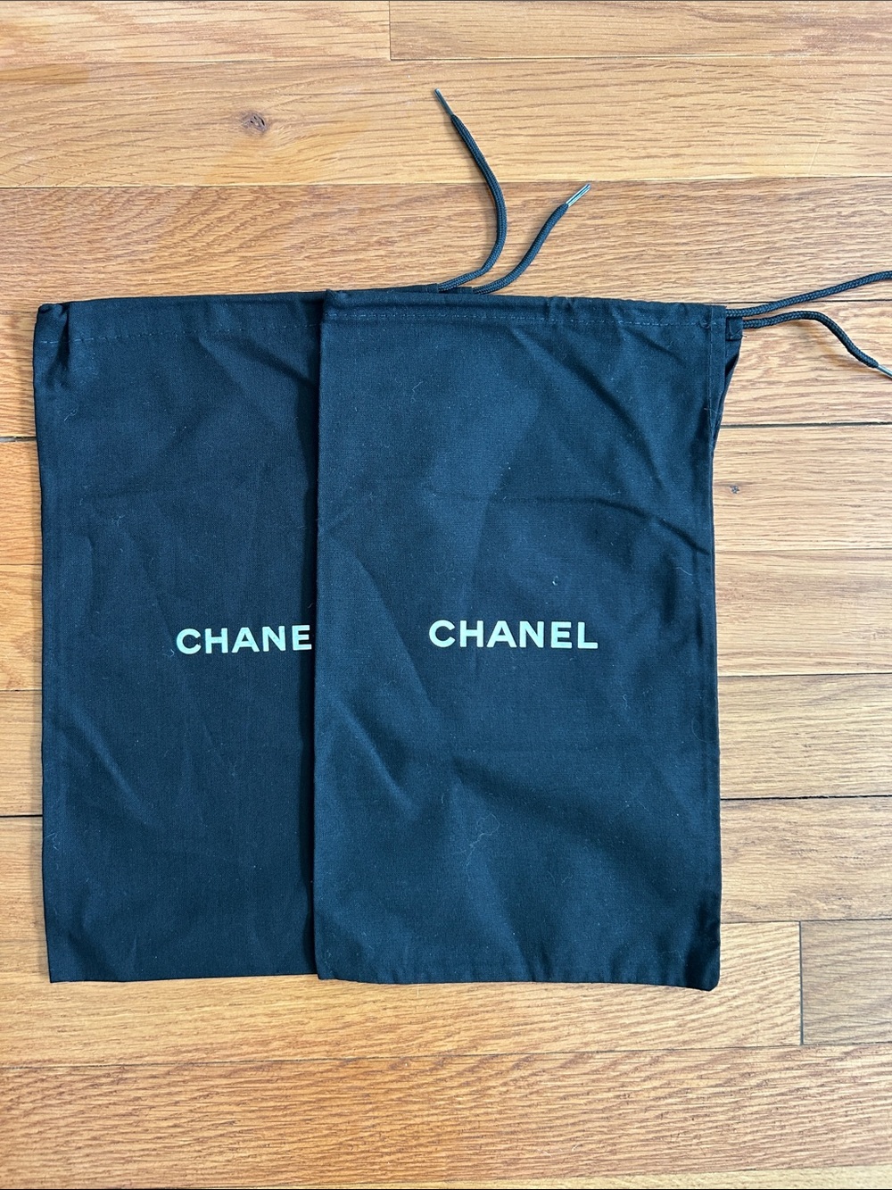 CHANEL authentic Black Drawstring shoe Dust Bags with White Logo - Pair